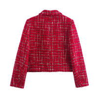 TRAFZA-Conjunto de 2 piezas para mujer, chaqueta con textura roja, solapa de bolsillo de botonadura única, abrigo y culotte con cremallera lateral de cintura alta - details 4