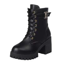 Botas de mujer con punta redonda, suela gruesa, plataforma impermeable, tacones altos, con cordones, entresuela de felpa, botas Martin - details 0