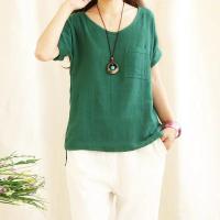 Camiseta Holgada de Lino y Algodón para Mujer Camisas de Manga Corta, Top Informal con Cuello Redondo, Verde Holgado, Top de Verano - details 5