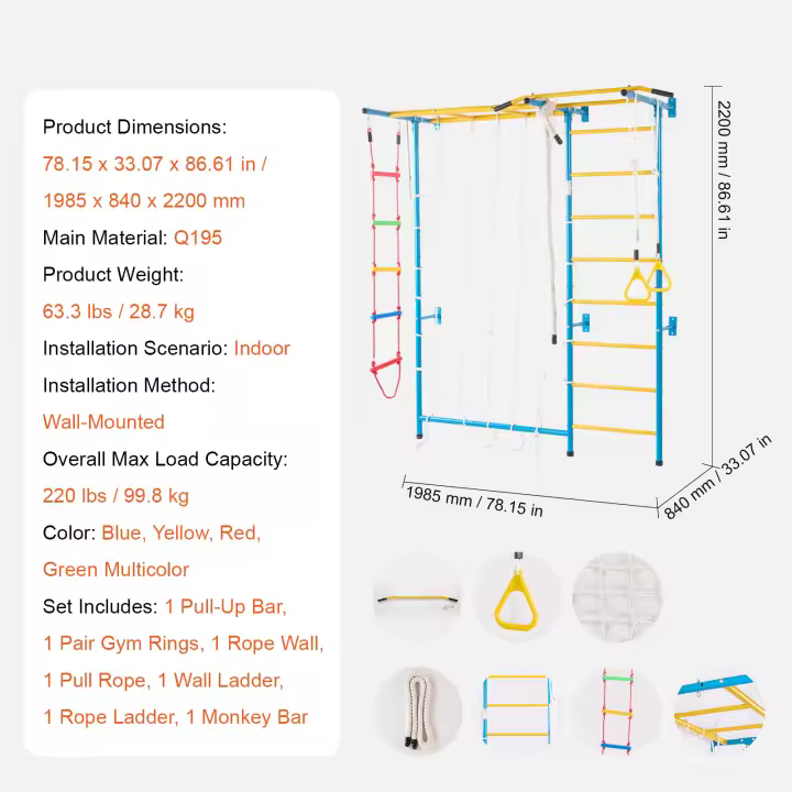SucceBuy Gimnasio de jungla interior 5 en 1 para niños pequeños, juego de escalada con escalera sueca de acero al carbono, escalera de pared, barra de dominadas, escalera de cuerda, anillos de gimnasia, soporta 220 libras, multicolor - 1