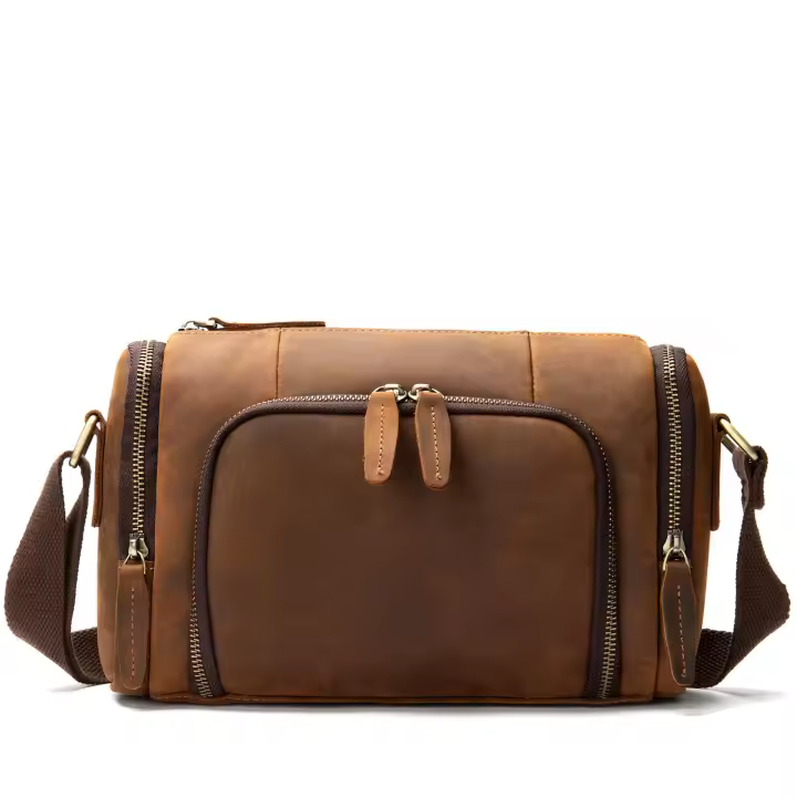 Bolso cilíndrico horizontal, bolso de hombro de cuero de caballo loco para hombres, bolso transversal de cuero genuino europeo y americano retro para hombres - 1