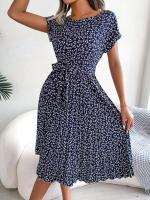 Spring Summer Women Short Sleeve Pleated Long Dress Elegant High Waist Floral Fashion A-line Dress - details 17