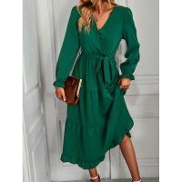 Vestido elegante de color sólido con cuello en V para mujer de manga larga - details 1