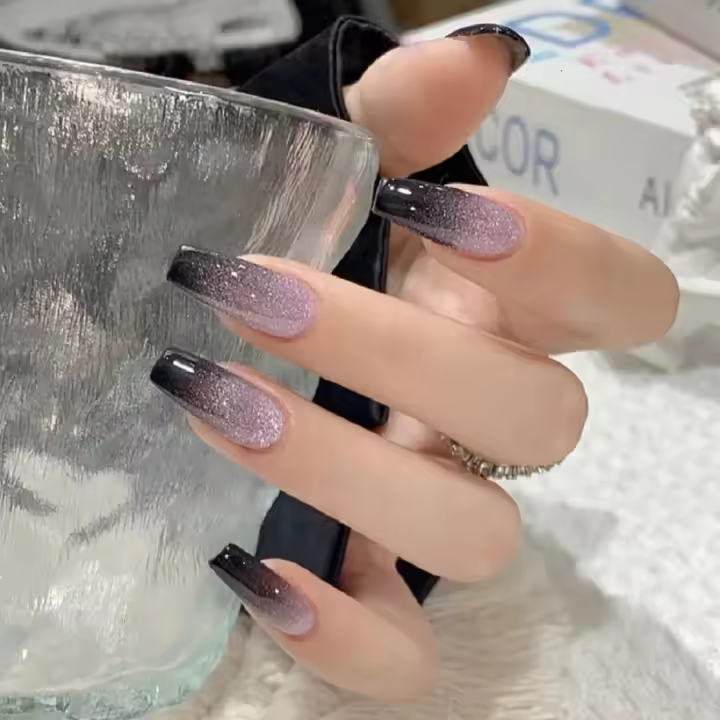 24 Uñas postizas de ballet con brillo de ojo de gato y estrellas galaxia, uñas postizas de color morado Ice Magic para arte de uñas - 1