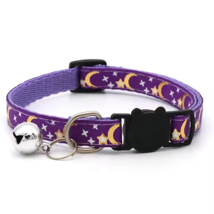 Collar para mascotas gato perro Color dorado estrellas y luna Collar para mascotas con campana y Material PP hebilla de seguridad reflectante separada sólida segura - 1