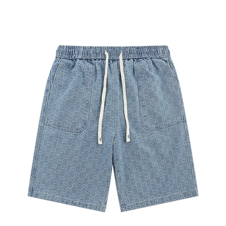 2025 top-tier trendy brand best-selling washed denim fabric, summer jacquard drawstring European-style men's shorts, boyfriend-style loose and versatile casual five-pocket pants - 1