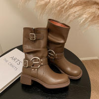 Botas de vaquero occidentales de cuero suave europeo y americano, botas de pila con hebilla de cinturón, botas medias, botas de caballero femenino, botas martin, botas femeninas - details 28