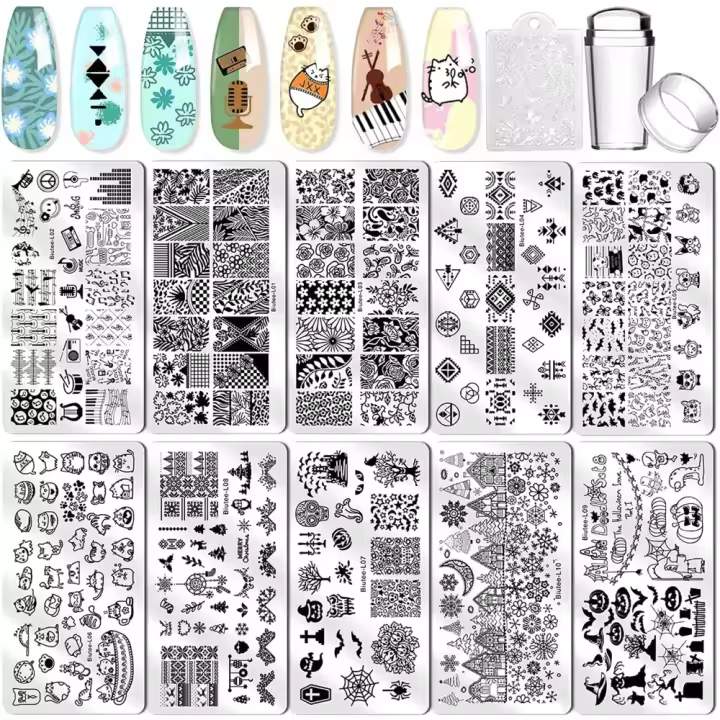 Juego de placas de estampado para uñas, diseño navideño, estampador transparente, 10 piezas - 1
