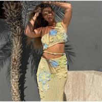 OUWU-Conjunto de falda larga de punto para mujer, top de bikini bordado floral, falda de cintura, elegante vestido de playa de verano - details 11