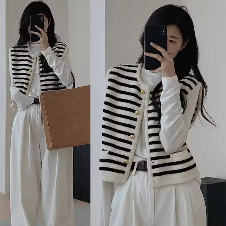 Chic Cardigan Coreano Elegante Camiseta Larga sin Mangas para Mujer Rayas Casuales - 1