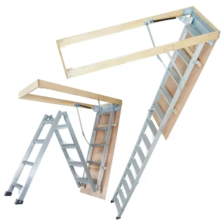 SucceBuy Escalera de ático plegable, capacidad de 350 lb, 22.5" x 63", extensión de aluminio, se adapta a techos de 9.5'-12', ligera y portátil, multiusos, conveniente acceso al ático, plateado - 1