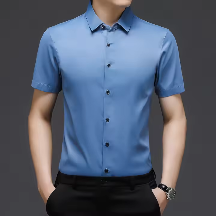 Camisa de verano de color sólido ajustada informal de negocios sin hierro camisa de manga corta ropa profesional para hombres - 1