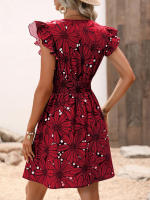 Vestido corto informal con estampado Floral para mujer, minivestido de calle con manga con volantes, rojo S - details 5