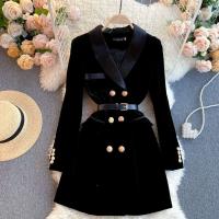 Elegante Vestido de Oficina Coreana Vintage Cuello en Capacha Doble Abotonadura Estilo Otoño-Invierno para Mujeres de Moda de Calle Principal - details 2