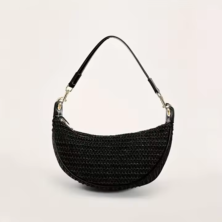 Bolso Crucero de Tejido Ligero Correa Ajustable Desmontable, Cierre de Cremallera, Lining de Goma y Poliéster, Marrón/Negro Bolso de Mano Casual para Mujeres en Primavera-Verano - 1