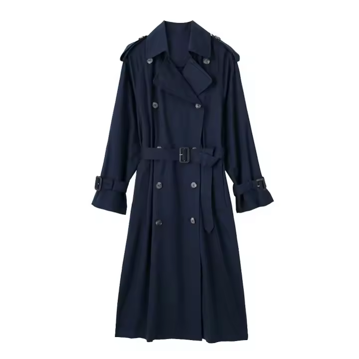TRAFZA-Chaqueta larga de temperamento Retro para mujer, cortavientos elegante con cinturón, abrigo suelto de doble botonadura, moda de otoño - 1