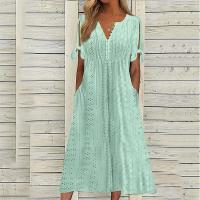 Elegante Vestido de Manga Corta con Cuello Redondo Color Sólido, Moda Casual con Bolsillos y Botones - details 22