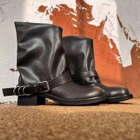 Botas de entresuela de piel de vaca de invierno 2024, botas occidentales de mujer con tacón de bloque de 4,5 cm de cuero suelto - details 0