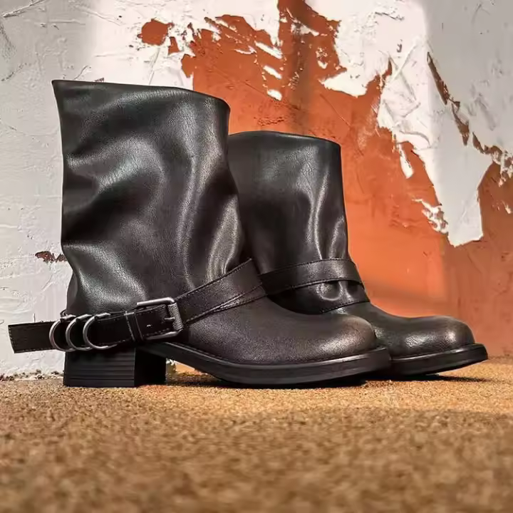 Botas de entresuela de piel de vaca de invierno 2024, botas occidentales de mujer con tacón de bloque de 4,5 cm de cuero suelto - 1