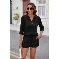 BUNO-2025 Conjunto de camiseta holgada sin mangas con cuello en V y pantalón corto con bolsillos, traje informal cómodo de Color puro para primavera y verano - details 17