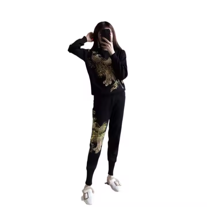 Traje de mujer con bordado de flores y fénix, suéter de punto con lentejuelas y cuentas, conjunto de pantalón lápiz de talla gra - 1