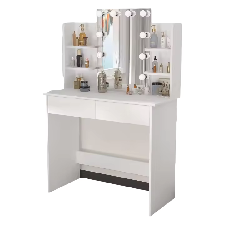 Tocador de Maquillaje Moderno con Espejo y Luces LED Regulables Mesa de Maquillaje Grande con 2 Cajones y 4 Estantes 90x40x135cm Diseño de Dormitorio Blanco - 1