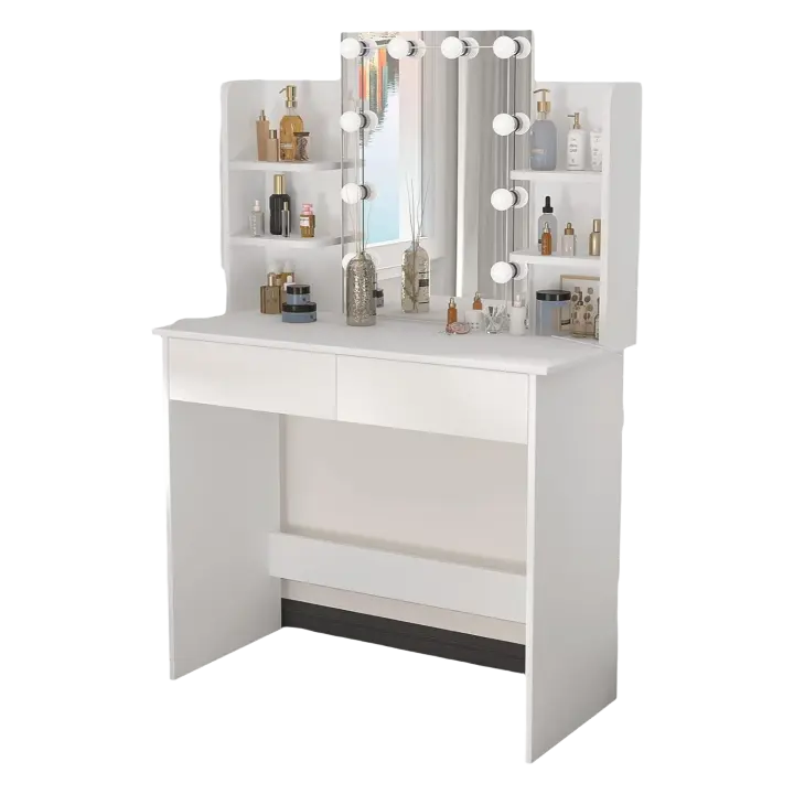Tocador de Maquillaje Moderno con Espejo y Luces LED Regulables Mesa de Maquillaje Grande con 2 Cajones y 4 Estantes 90x40x135cm Diseño de Dormitorio Blanco - 1