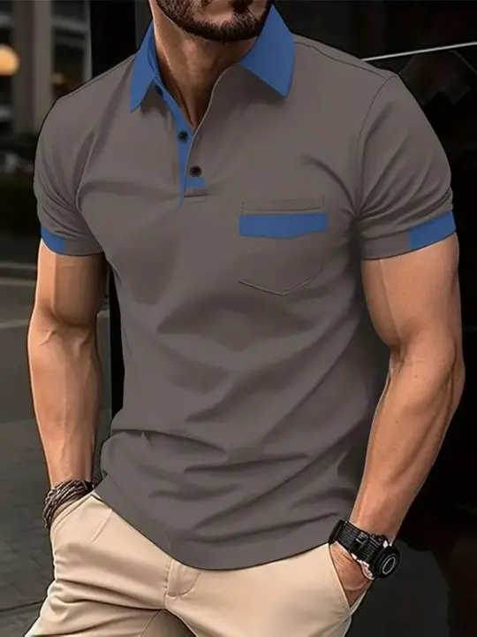 Verano de los hombres de moda transpirable color a juego de bolsillo de los hombres POLO camisa deportiva polo. - 1