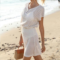 Vestido de ganchillo para cubrir bikini, túnica de playa de manga corta con cuello en V para mujer, minivestido de punto calado para resort, ropa de baño de verano - details 8