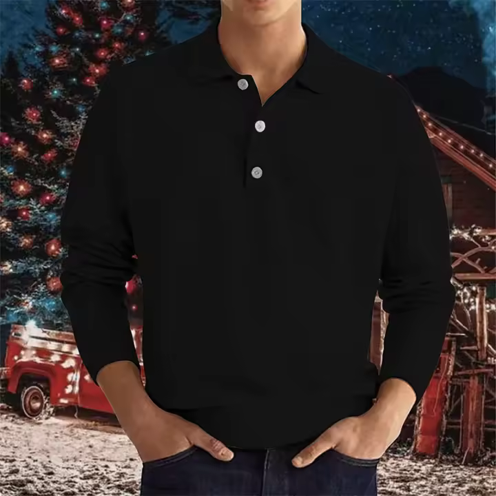 Botones de cuello en V de manga larga de otoño, polo superior casual para hombre. - 1