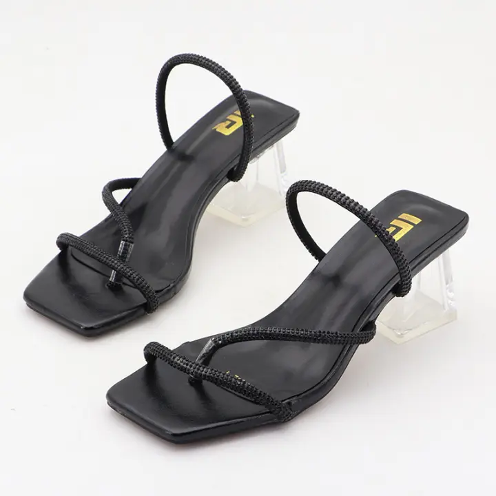 Pantuflas sencillas de tacón alto con tanga fina y diamantes de imitación - 1