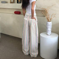BUNO-Pantalones de encaje a rayas para mujer, Pantalones rectos de pierna ancha con cintura elástica y cordón, ropa de calle holgada para primavera y verano, pantalones de chándal informales - details 72