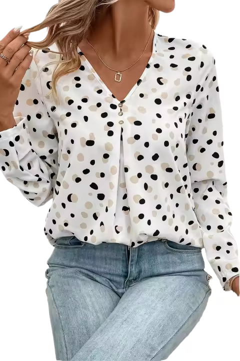 Elrachen Blusa delantera con botones y cuello en V de lunares para mujer, blanco, tallas S-XL - 1