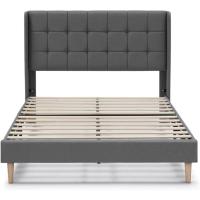 Estructura de cama tapizada con cabecera, base tapizada para colchón, somier de láminas de madera, fácil montaje, color gris claro. - details 2