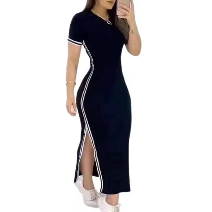 Vestido elegante de verano para mujer, vestido largo ajustado a rayas con cuello redondo y abertura lateral, Color sólido, manga corta - 1