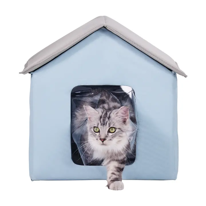 SucceBuy Casa para gatos con calefacción, refugio para gatos al aire libre con temperatura ajustable, tela Oxford 600D plegable, azul, pequeña - 1