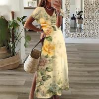 Elegante Vestido de Media Lengua Floral de Girasol Talla Grande para Mujeres Manga Corta - details 5