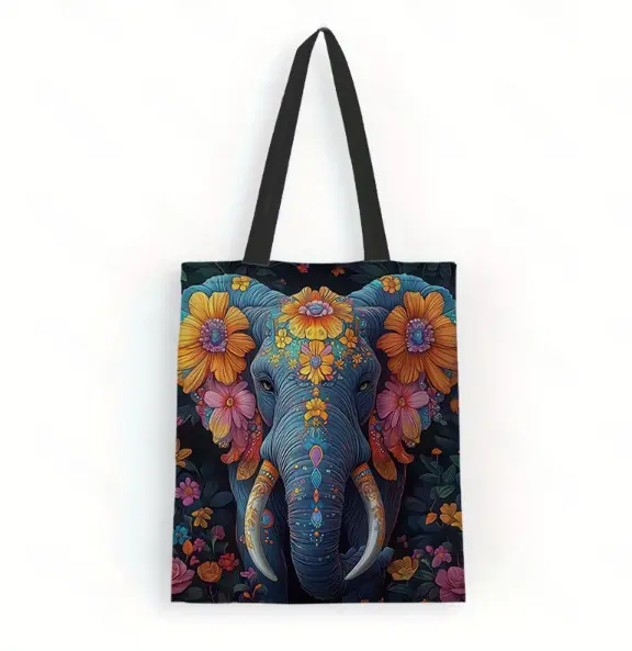Bolso con estampado de elefante y flores, bolso de hombro multiusos para mujer, bolso de hombro escolar de lona, ​​perfecto para ir de compras, viajar y actividades al aire libre - 1