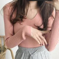 Suéter Sexy ajustado con cuello en V para mujer Manga larga de punto con parte inferior suave - details 23
