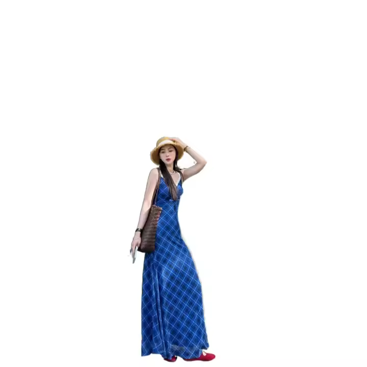 Vestido con tirantes de rejilla de diamantes y cuello en V de cintura alta versión coreana con cintura ceñida para mostrar las piernas, pajarita, chaleco de verano, largo - 1