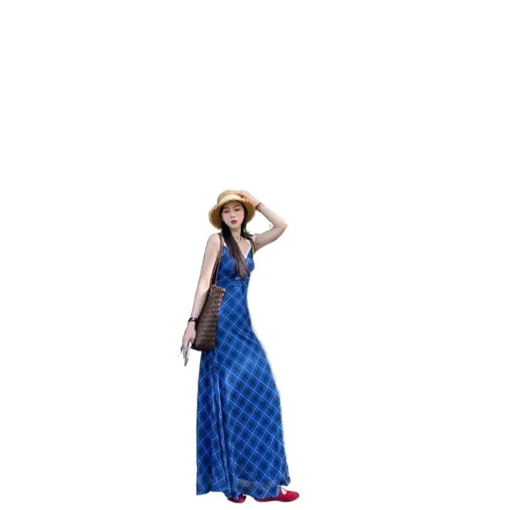 Vestido con tirantes de rejilla de diamantes y cuello en V de cintura alta versión coreana con cintura ceñida para mostrar las piernas, pajarita, chaleco de verano, largo - 1