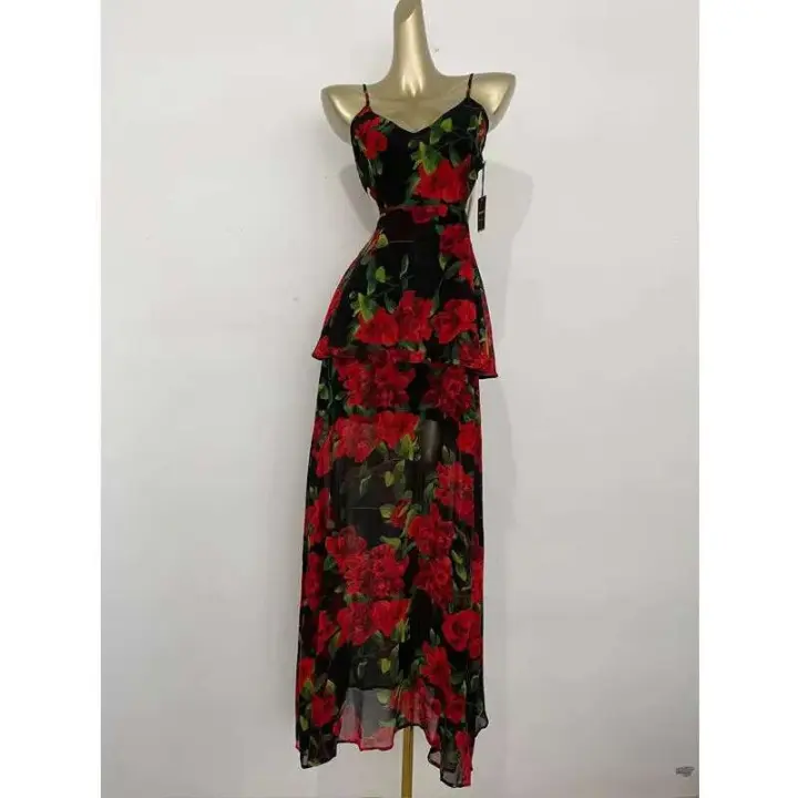 Vestido largo maxi antideslizante de las mujeres ocasionales del verano sin mangas de la camisola impresa sin espalda - 1