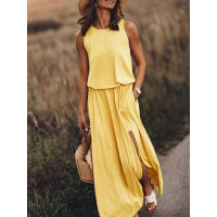2025 verano nueva ropa de mujer europea y americana vestido sin mangas con cuello redondo vestido largo de color sólido multicolor con puntas divididas. - details 4