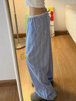 Pantalones holgados de pierna recta a rayas para mujer, moda coreana, cintura elástica, empalme de encaje, pantalones femeninos - details 6
