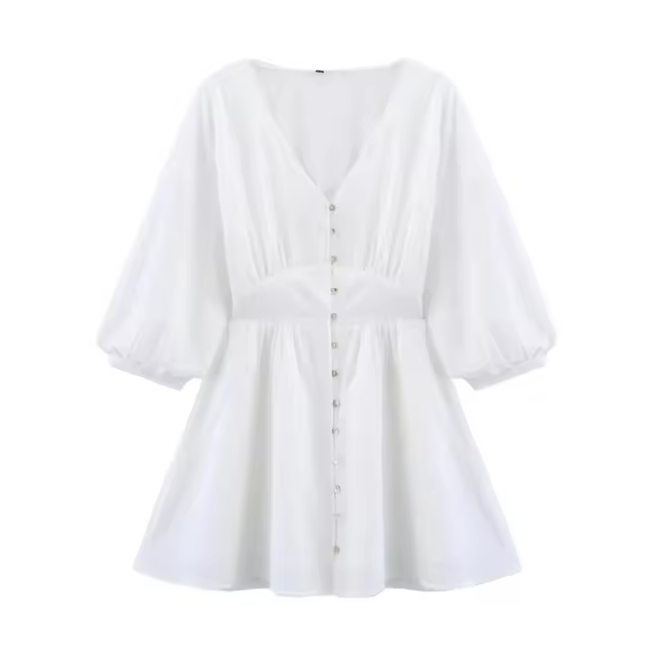Vestido Mini de Bordado Hueco de Primavera 2025 Manga Abullonada Vestido Blanco de Verano A-line de Cintura Delgada - 1