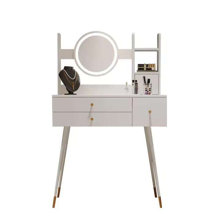 Tocador Moderno de Alta Gama Espejo Brillante Regulable, 3 Cajones, Accesorios Dorados, Blanco - 1