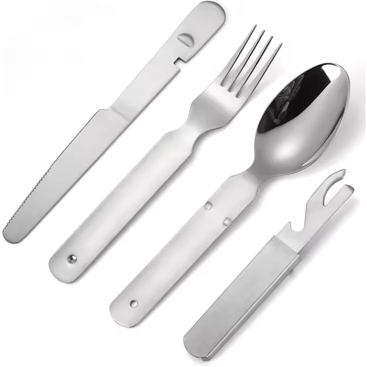 Cubiertos portátiles plateados de acero inoxidable para acampar, juego de cubiertos de viaje al aire libre, cuchillo, tenedor, cuchara, Abrebotellas - 1