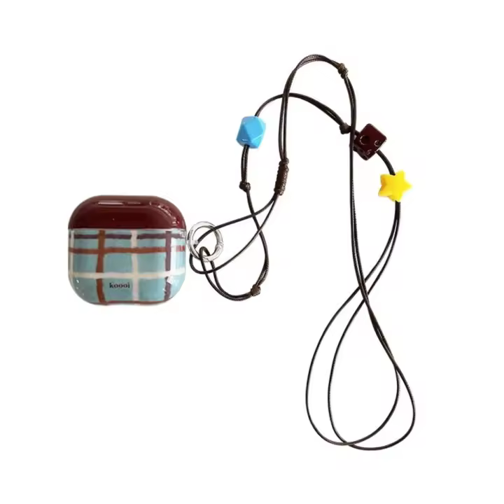 Retro marrón - cuello a cuadros azul - estuche para auriculares Bluetooth colgante. Es una funda protectora de silicona suave adecuada para Apple AirPods 4, AirPods Pro 1/2 y AirPods 3. - 1