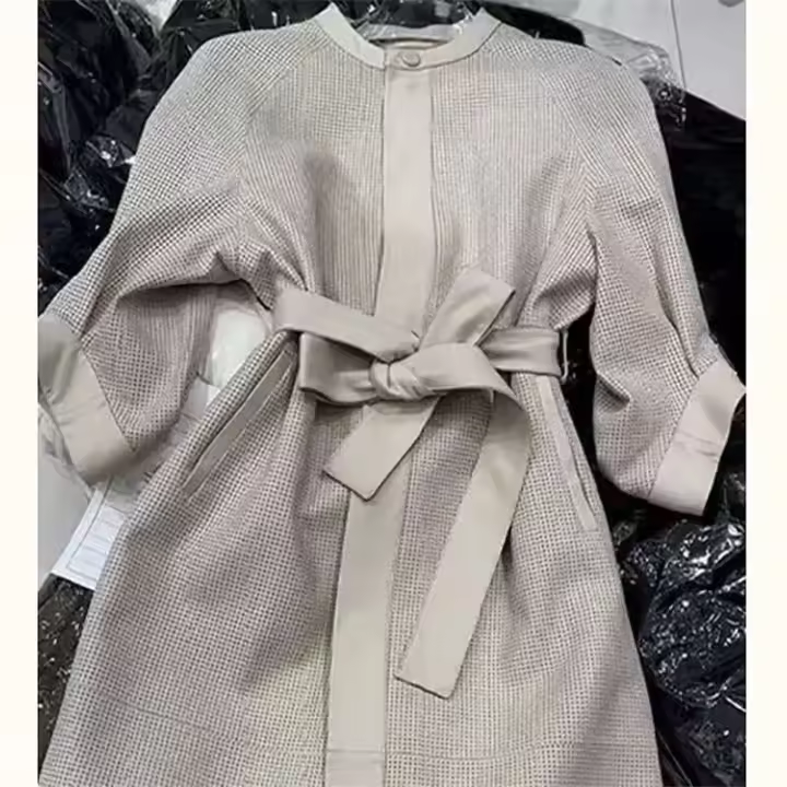 Traje de otoño francés con temperamento, Midi femenino a cuadros gris de alta gama con mangas, pantalones con hombros, cinturón, peso - 1
