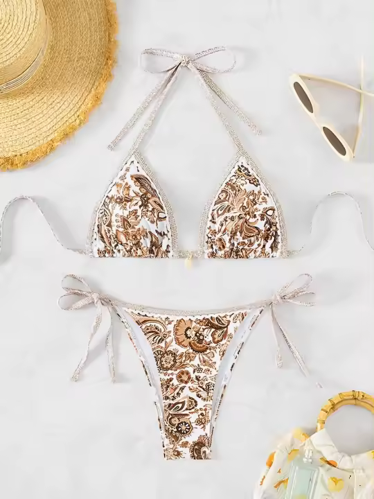 Bikini de Cuerda Halter 2025 Traje de Baño de Dos Piezas para Mujer Ropa de Playa de Verano Retroducible - 1